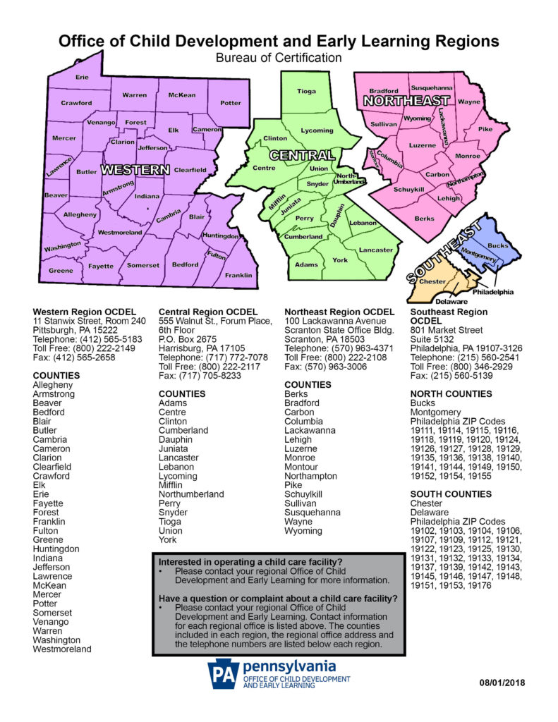 a map of Pennsylvania regions of OCDEL