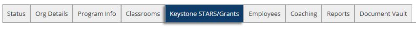 Screenshot of tabs showing Status, Org Details, Program Info, Classrooms, Keystone STARTS/Grants, employees, coaching, reports, document vault tabs