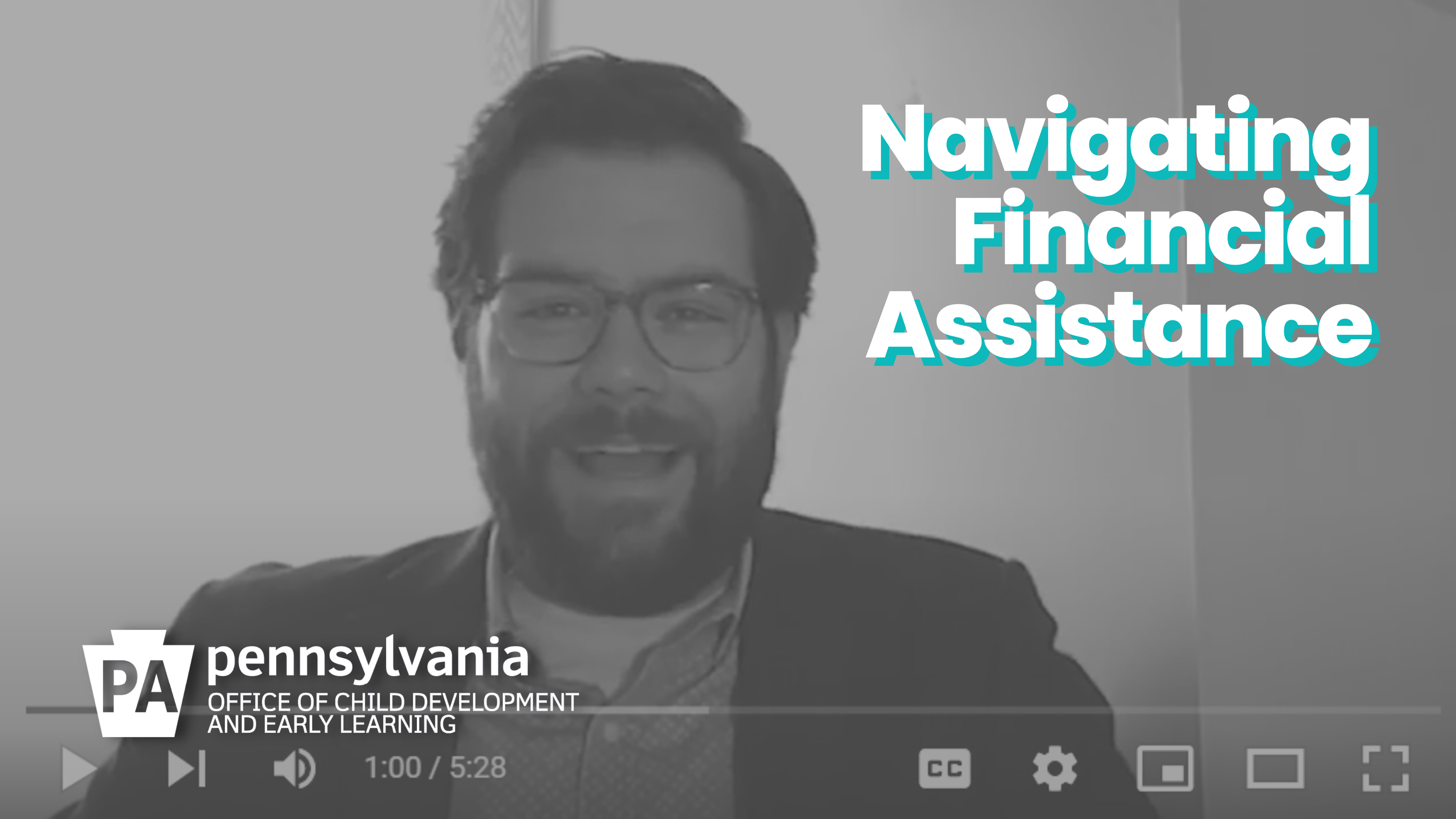 A man in black and white surrounded by the words "Navigating Financial Assistance" and a white version of the OCDEL logo.