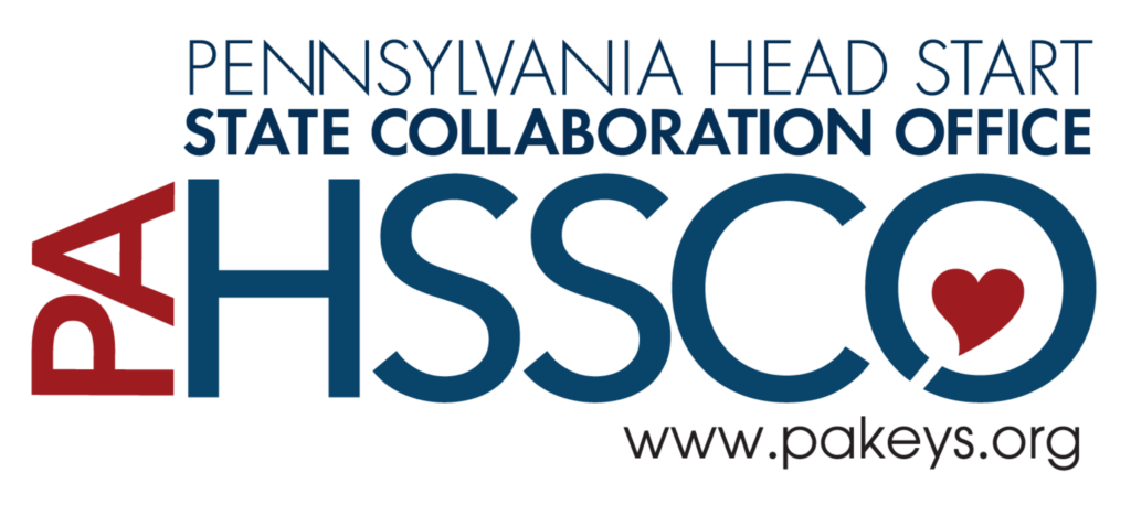 Logo for OCDEL's program Pennsylvania Head Start State Collaboration Office (PA HSSCO) in navy and crimson red