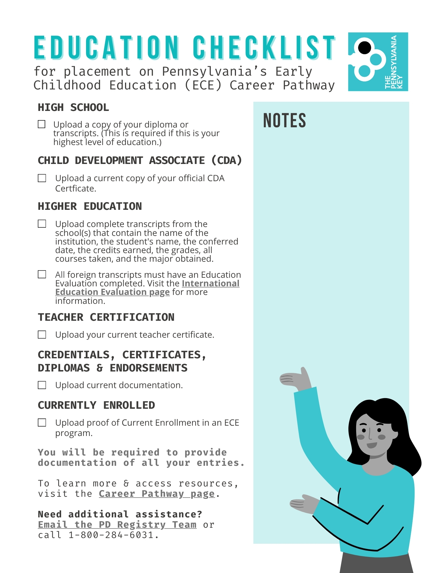 Pennsylvania Early Childhood Education Career Pathway checklist showing education and credential documentation requirements.