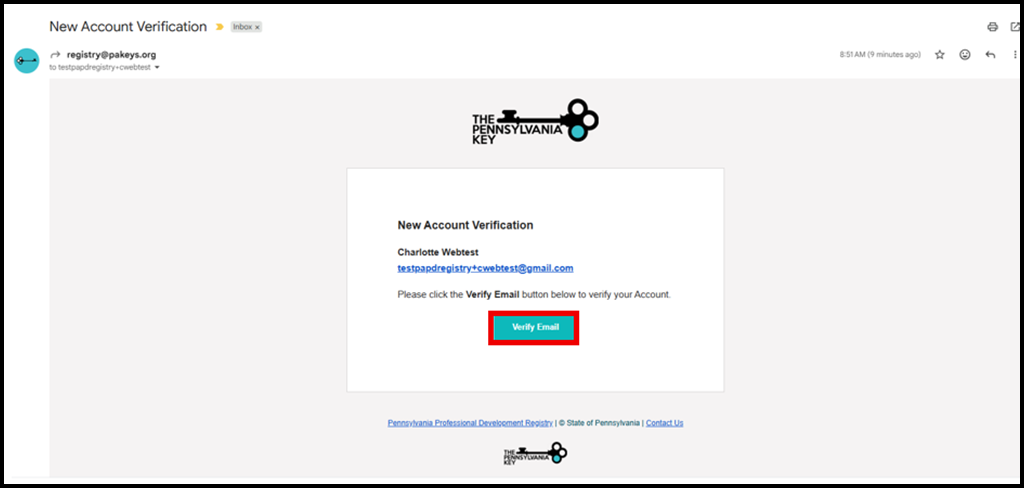 Email message titled “New Account Verification” from the Pennsylvania Key, displaying a verification notice with a teal “Verify Email” button in the center of the screen.