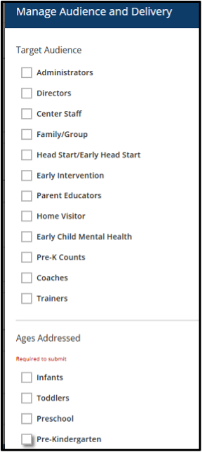 Audience and Delivery page with target audience and ages addressed checkboxes.