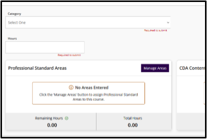 Course Content page with category selection, hours field, and area management sections.