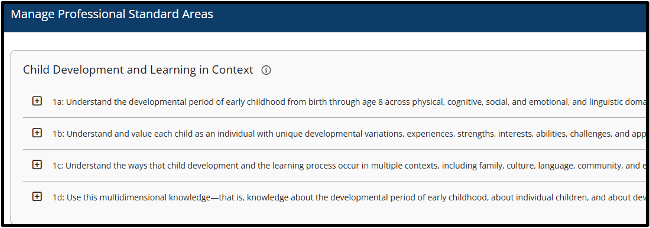 Professional Standard Areas selection window with expandable learning objectives.