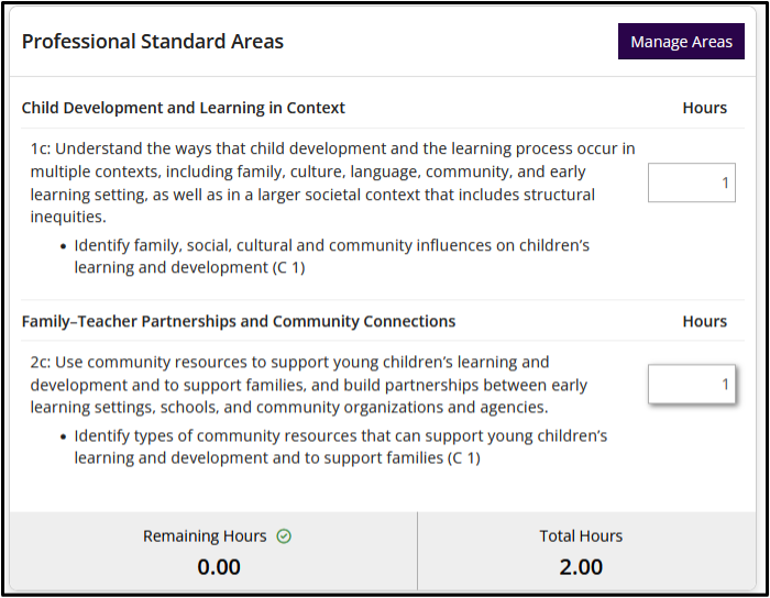 Professional Standard Areas page showing selected objectives and assigned course hours.
