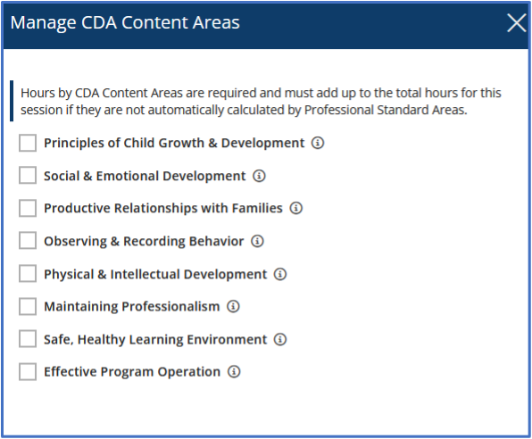 CDA Content Areas selection window with content area checkboxes.
