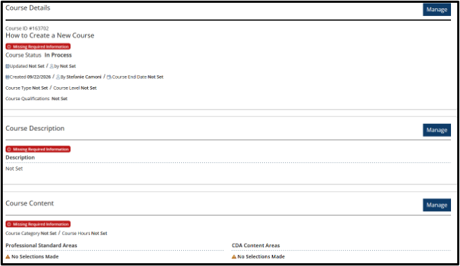 Course details overview page showing required information sections and Manage buttons.