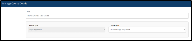 Manage Course Details page with course type and course level selections.