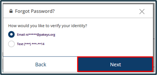 Forgot Password verification options showing email or text selection and a Next button.