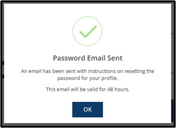Confirmation message stating that a password reset email has been sent, with an OK button.