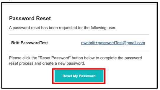 Password reset email displaying the user’s information and a Reset My Password button.