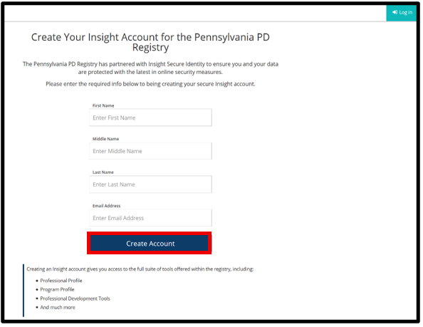 Account creation page with fields for first name, middle name, last name, and email address, and a Create Account button.