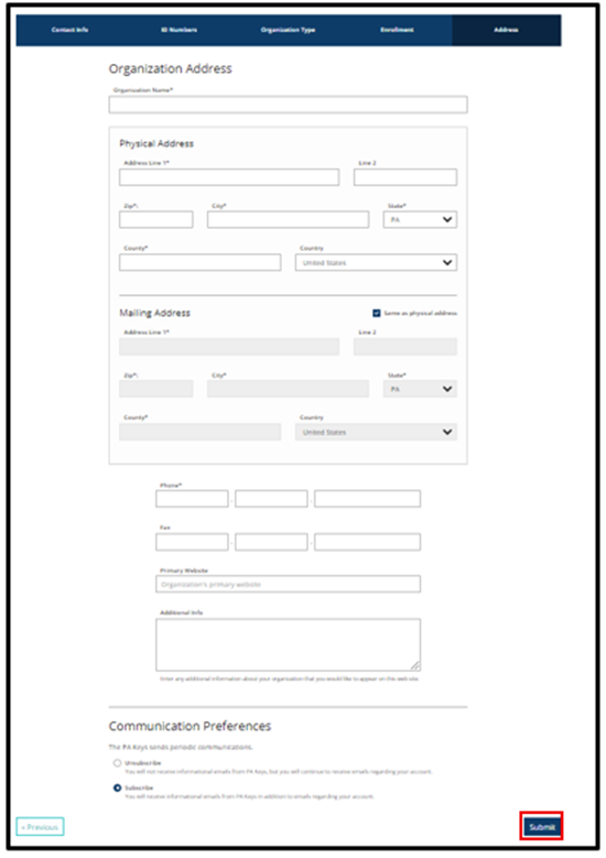Organization Address page with physical and mailing address fields, and the Submit button highlighted.