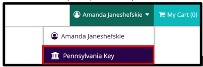 User menu expanded showing the “Pennsylvania Key” option highlighted.