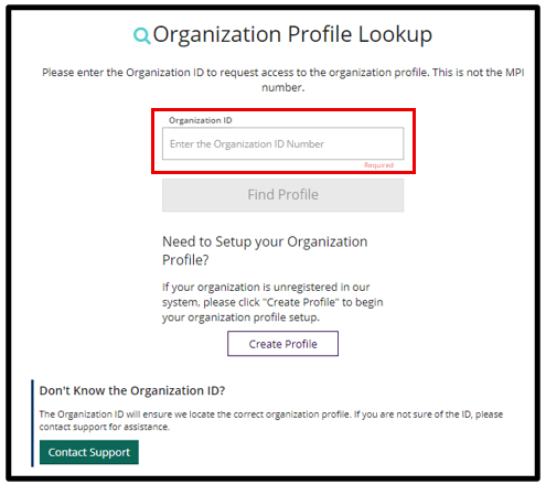 Organization Profile Lookup page with Organization ID input field highlighted.