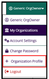 User account menu with the Organization Profile option highlighted.