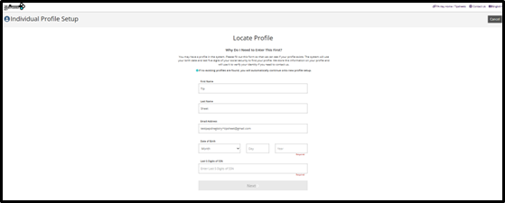 Profile setup page with fields to locate a profile, including name, email address, date of birth, and last four digits of Social Security number.