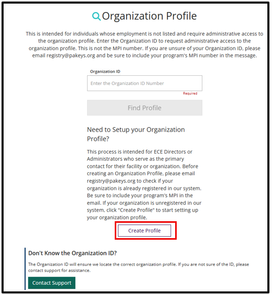 Organization Profile page with the Create Profile button highlighted.