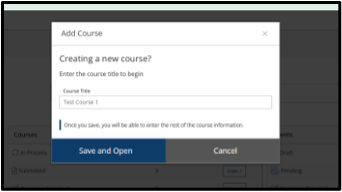 Add Course dialog box with course title field and Save and Open button.