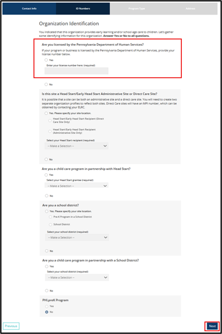 Organization Identification page with the licensing question and Yes/No options highlighted, and the Next button highlighted.