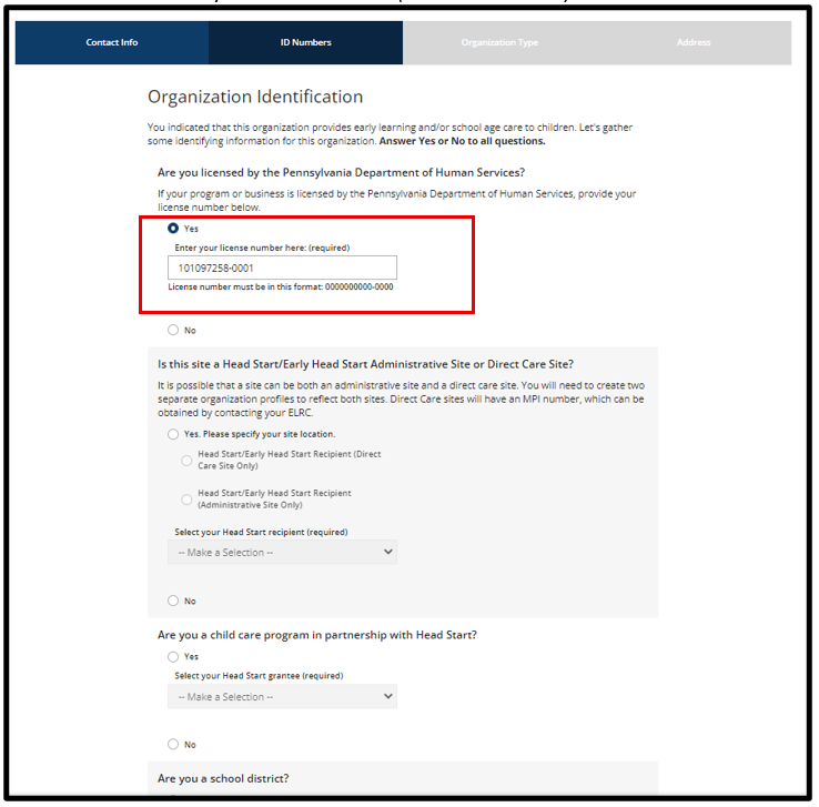 Organization Identification page showing licensing question with the Yes option selected.