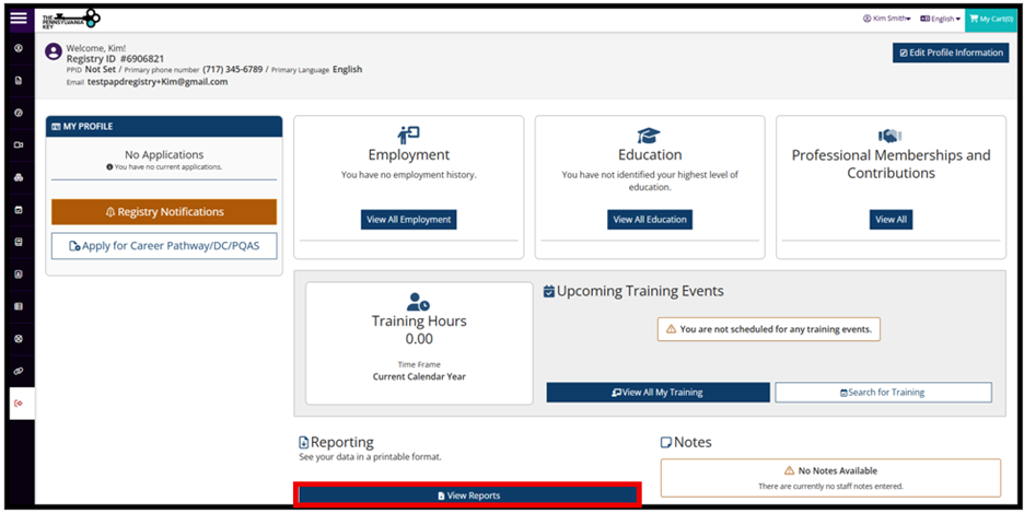 User dashboard showing profile information, employment, education, training hours, upcoming training events, and reporting options. A red box highlights the ‘View Reports’ button at the bottom.