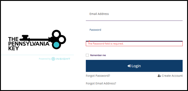 Login page showing fields for email address and password, an error message stating the password is required, and a blue Login button.