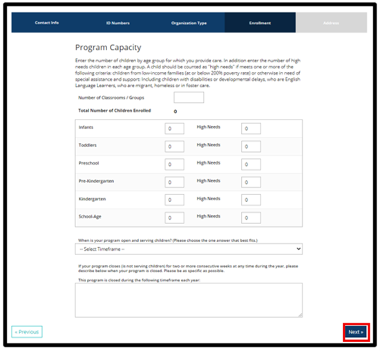 Program Capacity page displaying fields to enter classroom counts and enrollment numbers, with the Next button highlighted.