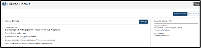 Course details review page with Submit Course button.
