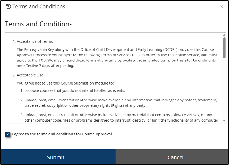 Terms and Conditions window with approval agreement checkbox and Submit button.
