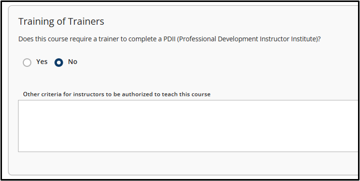 Training of Trainers section with PDII requirement selection options.