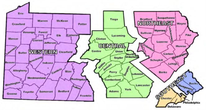 Map of Pennsylvania divided into four regions: Western (purple), Central (green), Northeast (pink), and Southeast (blue and tan), with counties labeled.