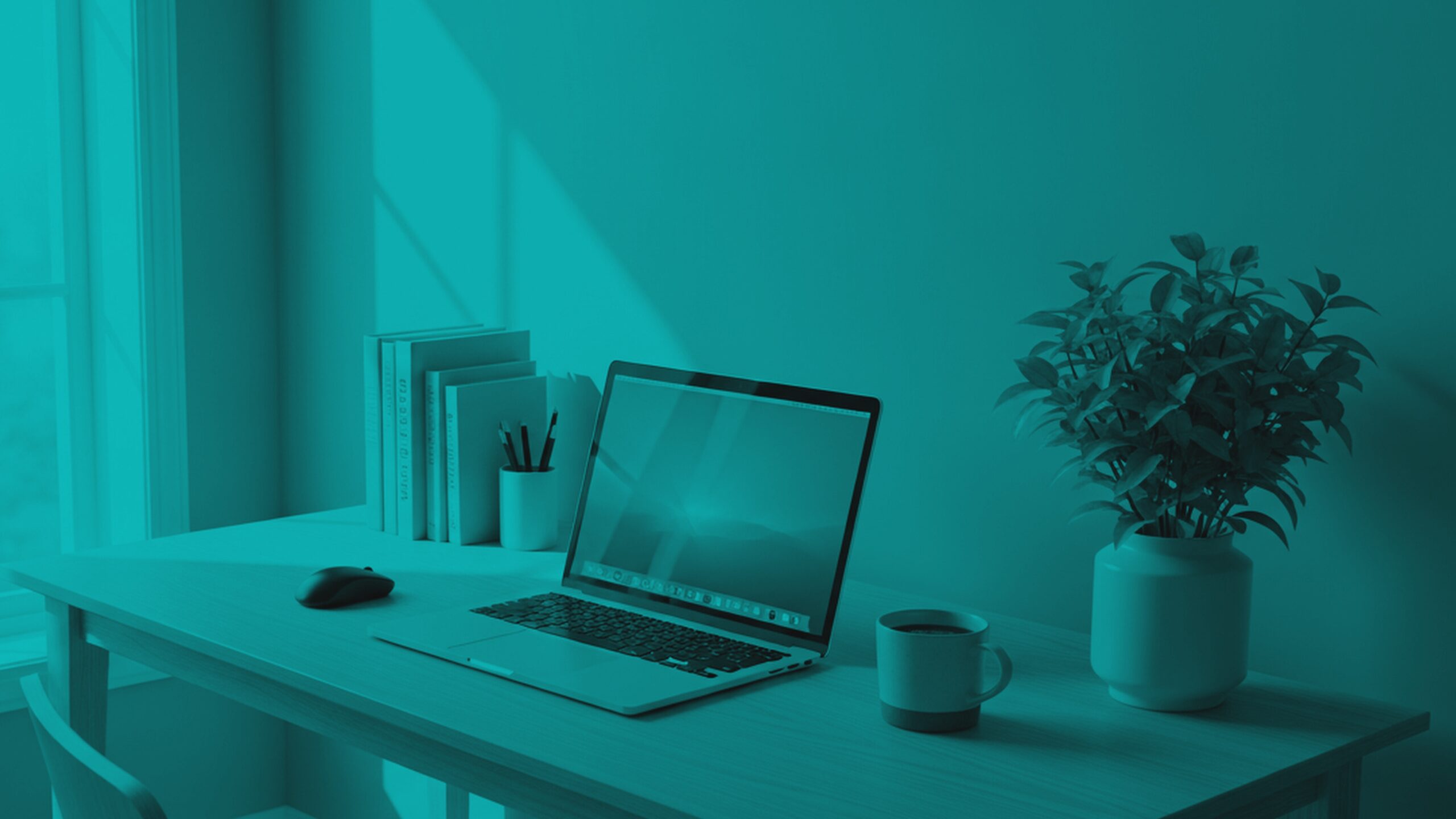 Minimalist workspace with an open laptop, books, a coffee mug, and a potted plant on a wooden desk near a window.