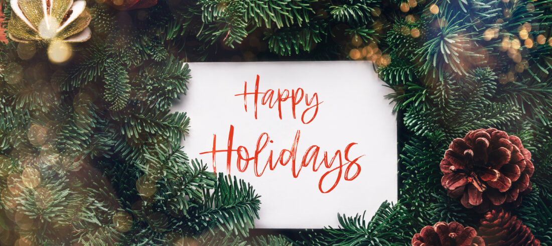 Holiday greeting card surrounded by pine branches, pinecones, and festive decorations with the text ‘Happy Holidays’ in red script.
