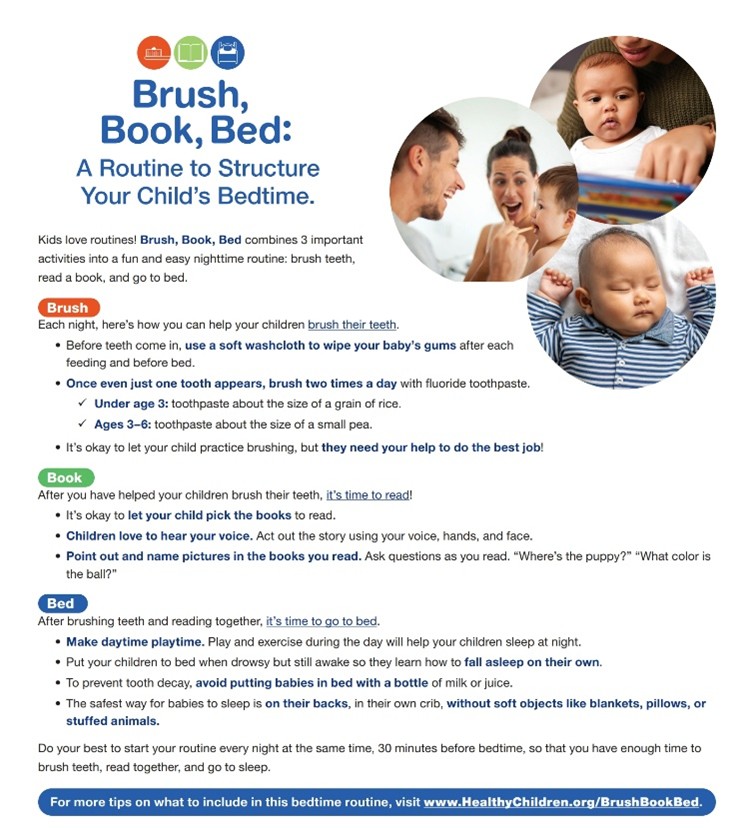 Informational flyer titled ‘Brush, Book, Bed: A Routine to Structure Your Child’s Bedtime,’ featuring icons and photos of children, along with tips for brushing teeth, reading together, and establishing a bedtime routine.