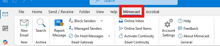 Outlook menu bar with the Mimecast tab highlighted.