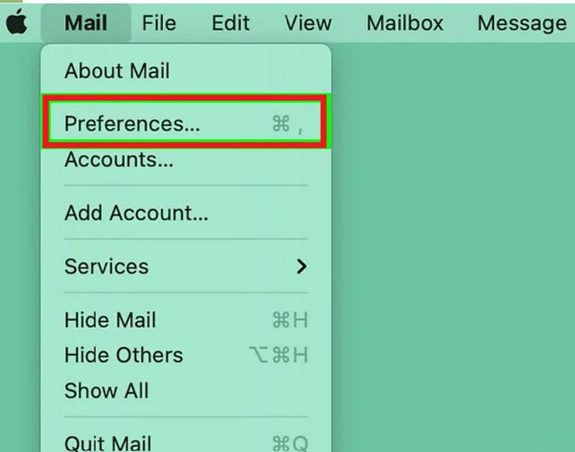 Mac Mail menu bar with the Preferences option highlighted.