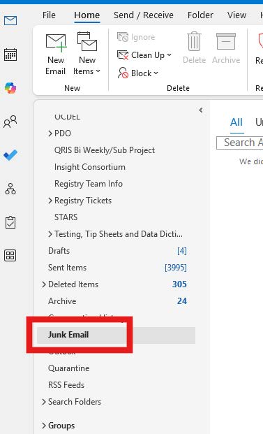 Outlook folder list with the ‘Junk Email’ folder highlighted.
