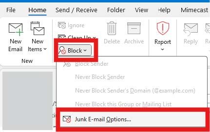 Outlook Home ribbon showing the Block menu expanded with ‘Junk E‑mail Options’ highlighted.