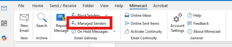 Mimecast menu expanded with the ‘Managed Senders’ option highlighted.
