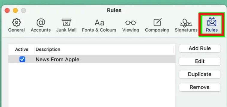 Mac Mail Preferences window open to the Rules tab with the Rules icon highlighted.