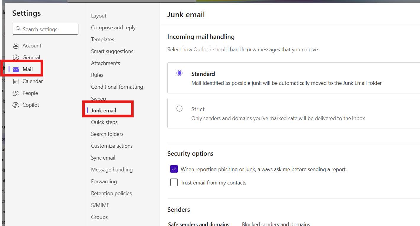 Outlook Settings page with ‘Mail’ and ‘Junk email’ selected in the left navigation menu.