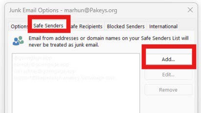 Junk Email Options window with the ‘Safe Senders’ tab and the ‘Add’ button highlighted.
