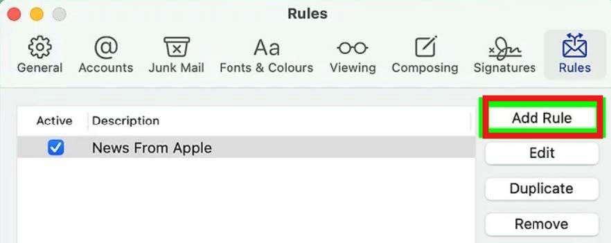 Rules window showing existing mail rules with the Add Rule button highlighted.