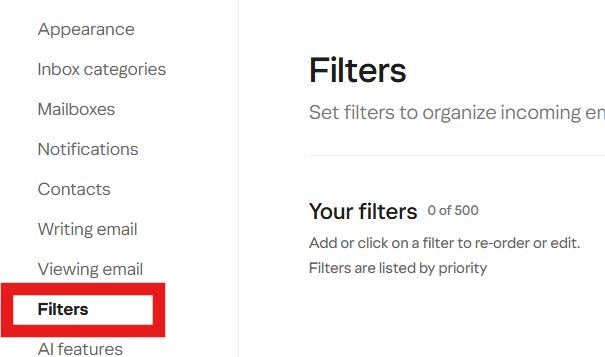 Yahoo Mail Filters page with the Add button highlighted.