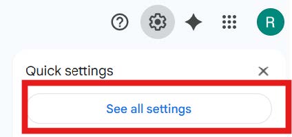 Gmail quick settings panel with the ‘See all settings’ button highlighted.