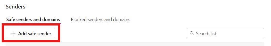 The Junk email settings page showing the ‘Add safe sender’ option highlighted.