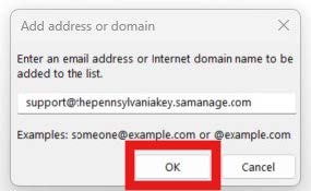 Safe sender entry box with an email address typed in and the ‘OK’ button highlighted.