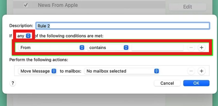 Rule creation window with the ‘From contains’ condition highlighted.